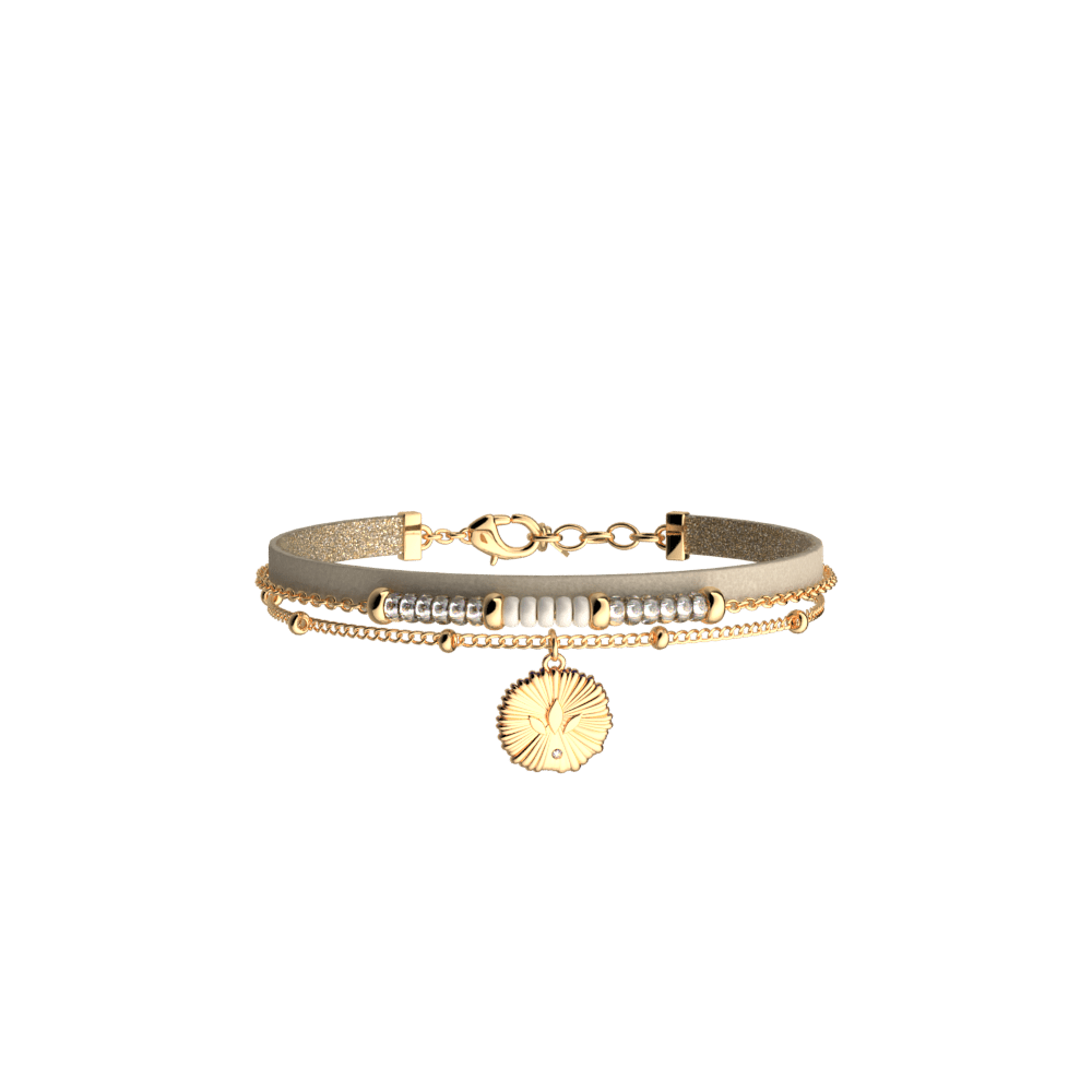 Bracelet Three Ranges Gold Leather Cream