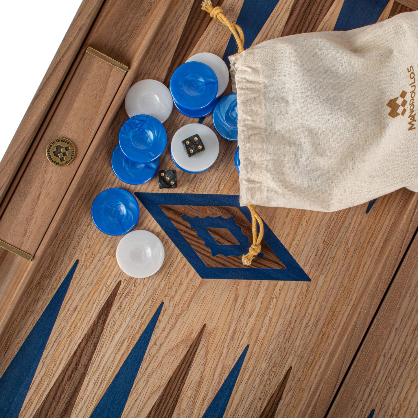 Handmade Oak & American Walnut Inlaid Backgammon With Blue & Walnut Points