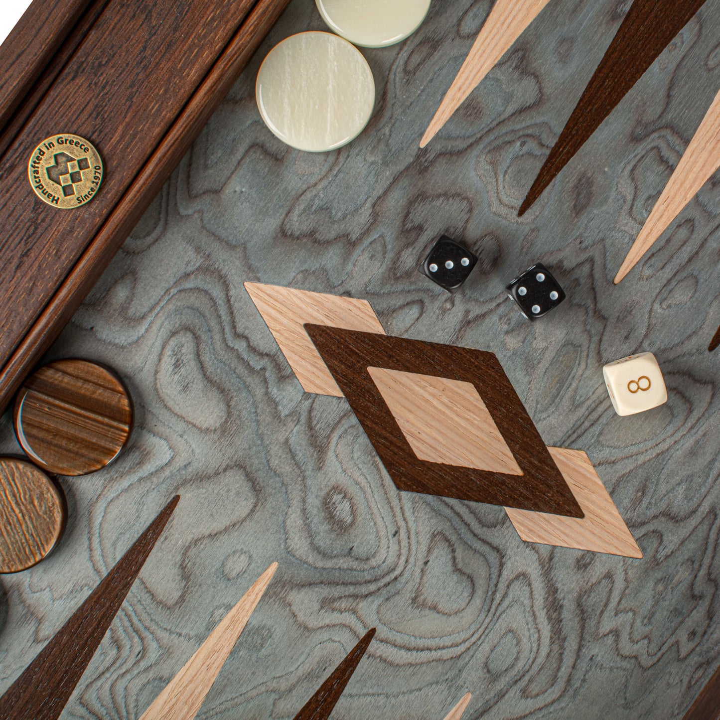Handmade Pearly Grey Vavona Inlaid Backgammon With Oak & Wenge Points