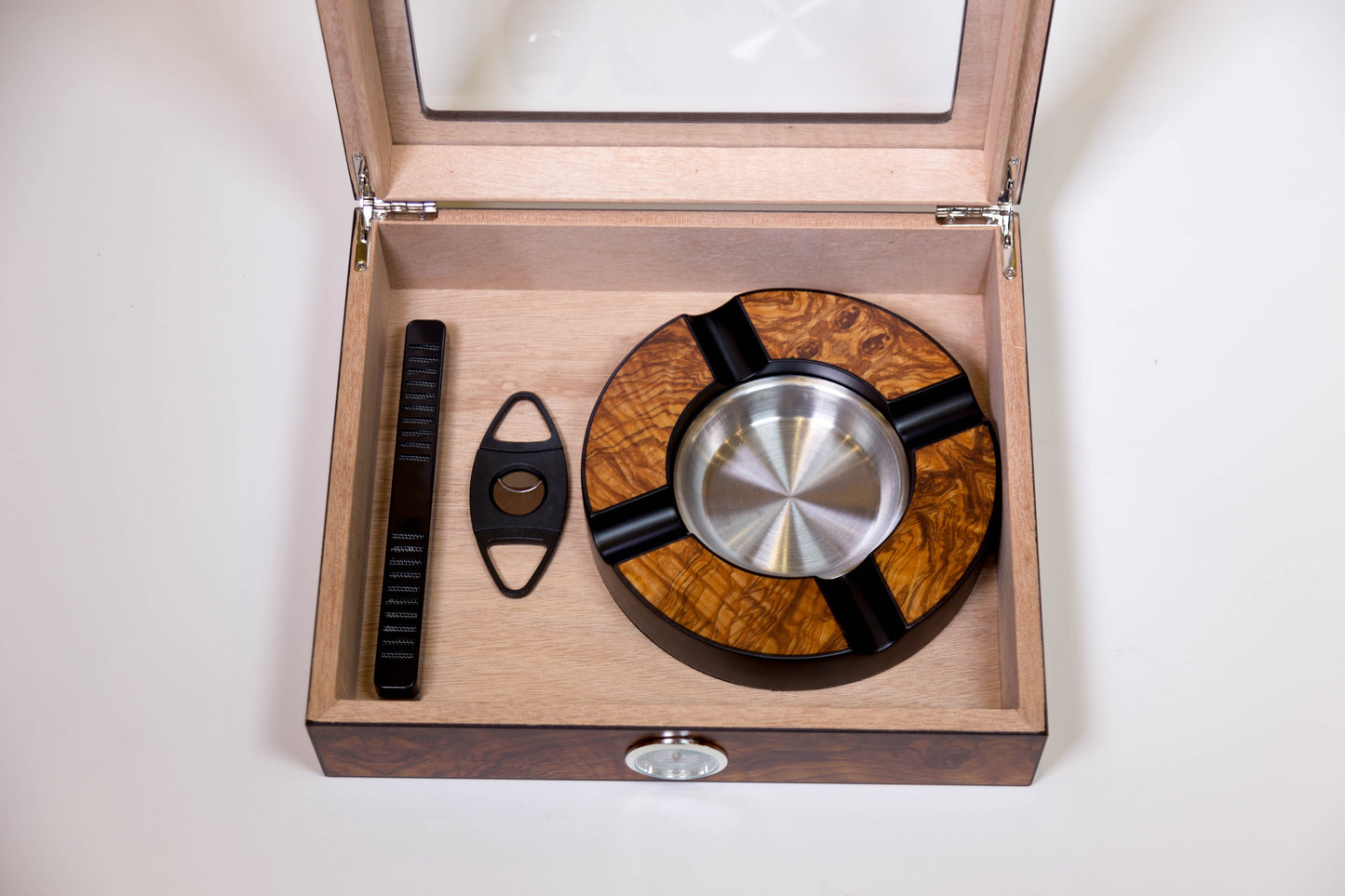 Humidor Set Ebony Glass With Ashtray And Cutter