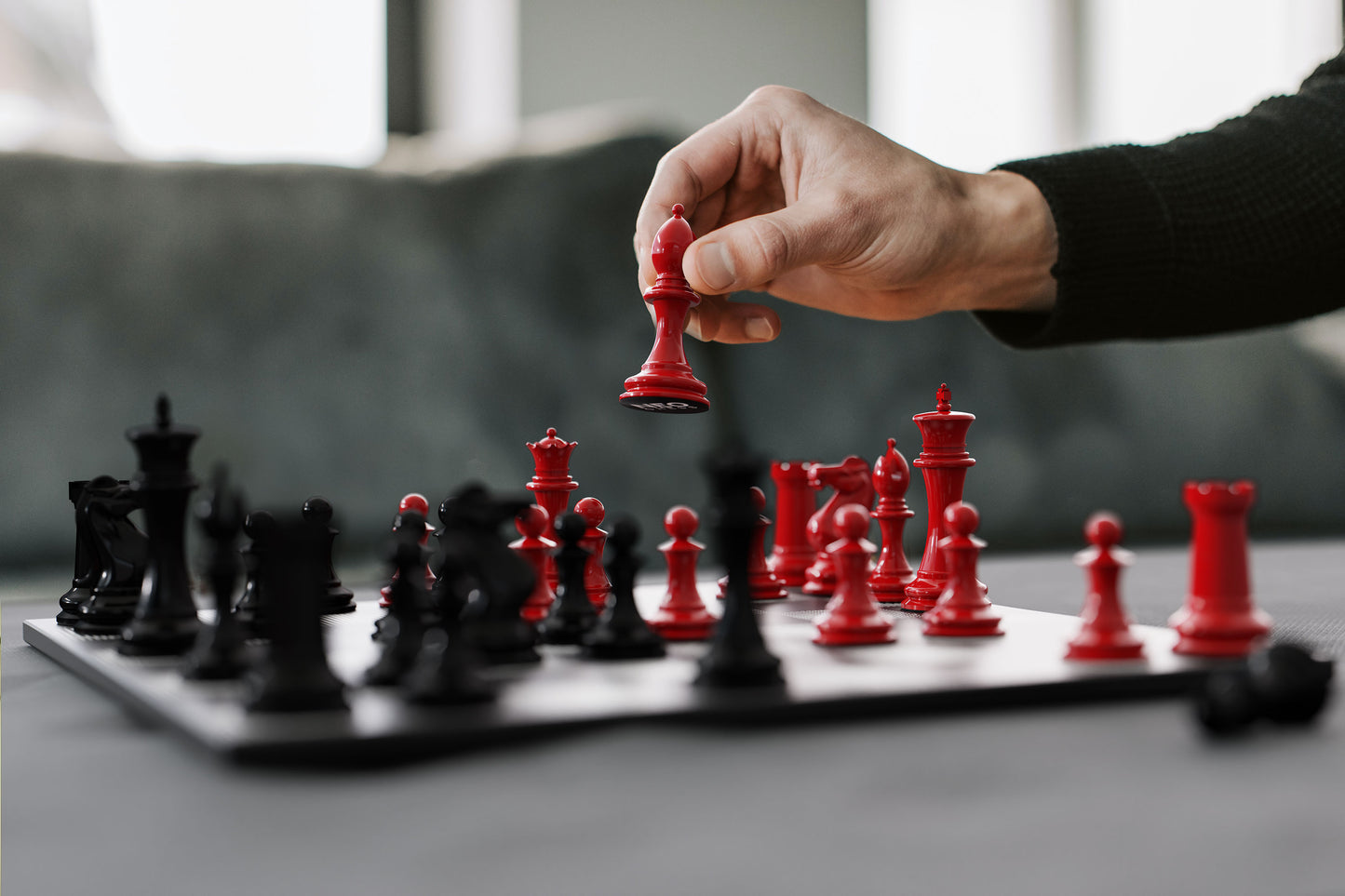 Neochess Hand Carved Wooden Series Red vs Black With Wooden Gold Square Board