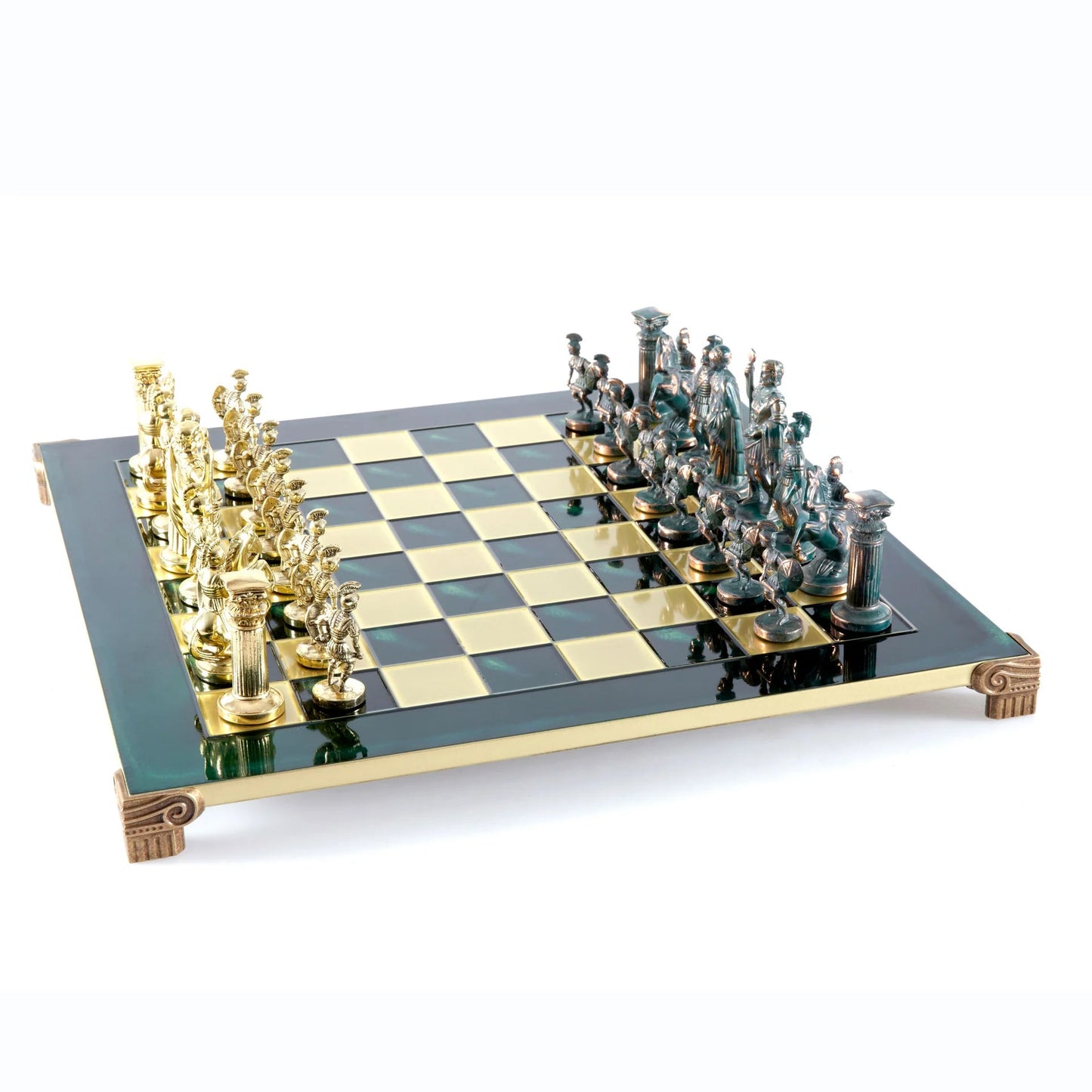 Greek Roman Period Metal Chess Gold Green With Green Base with chess wooden box