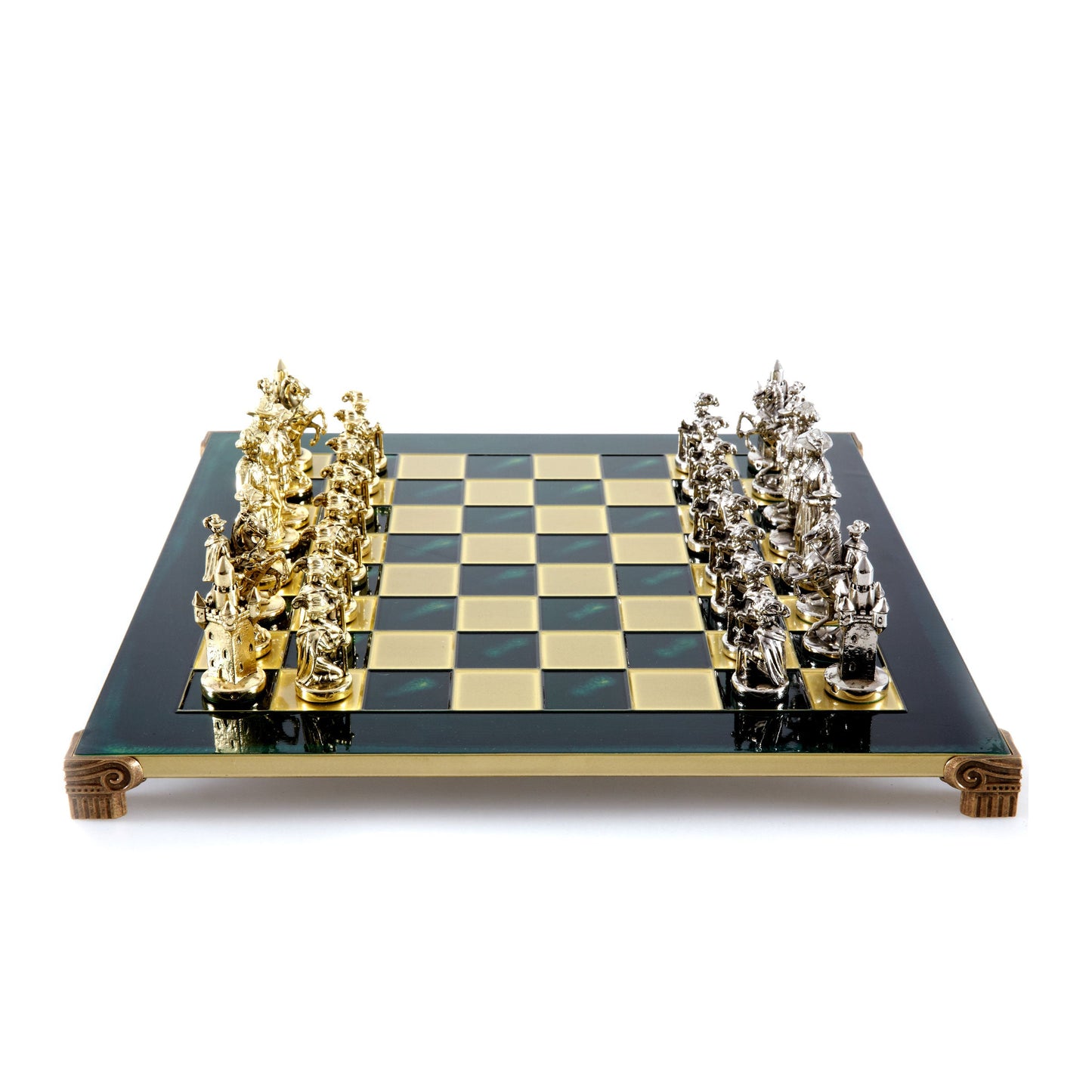 MEDIEVAL KNIGHTS CHESS SET with gold/silver chessmen and bronze chessboard 44 x 44cm (Large)