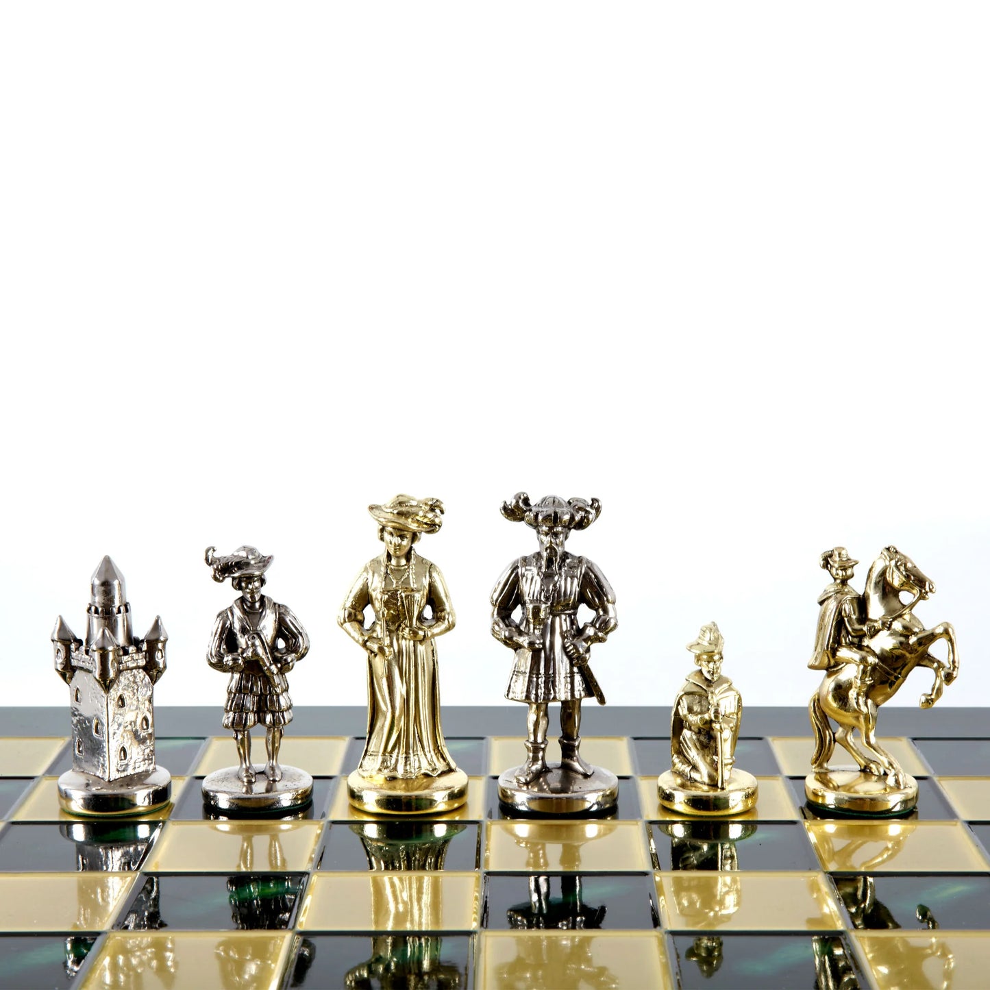 MEDIEVAL KNIGHTS CHESS SET with gold/silver chessmen and bronze chessboard 44 x 44cm (Large)