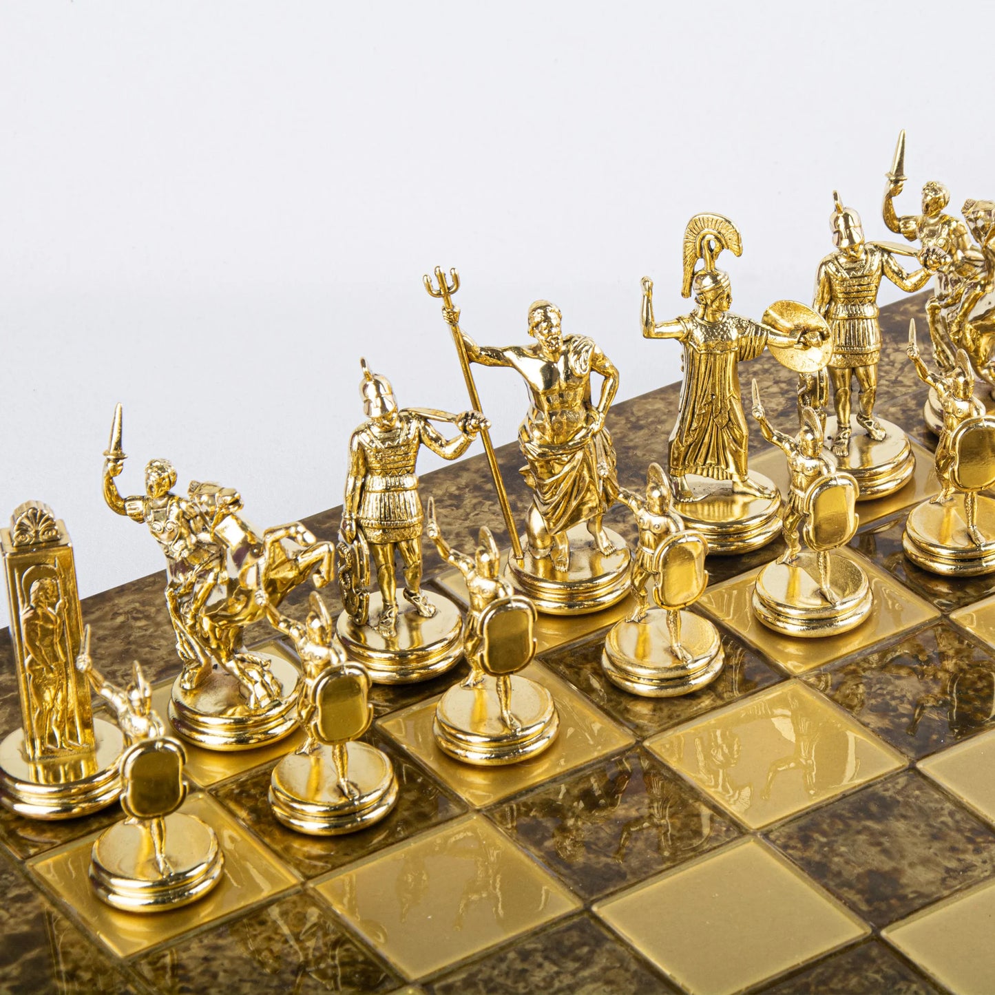 Greek Mythology Metal Chess With Gold Brown Base with chess wooden box
