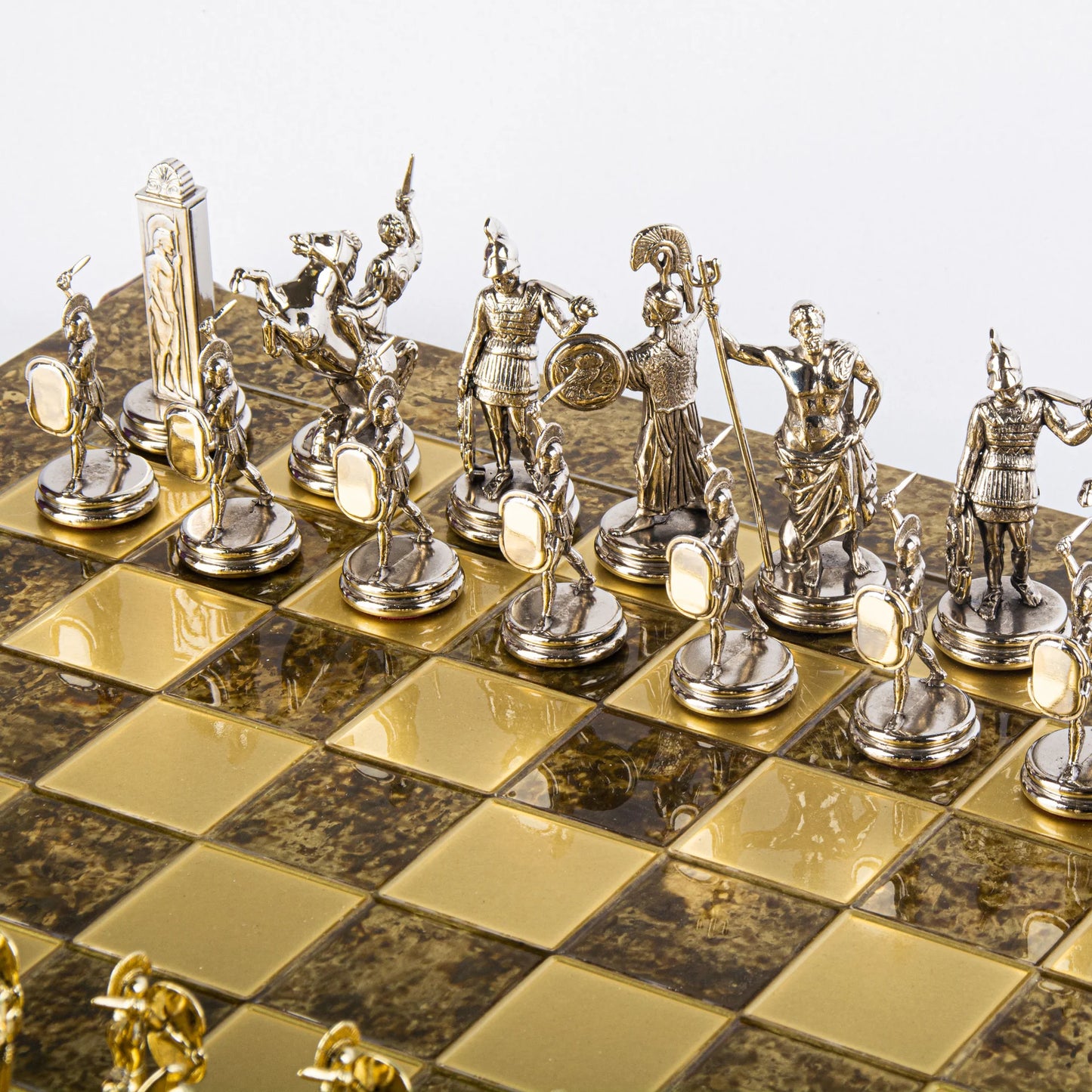 Greek Mythology Metal Chess With Gold Brown Base with chess wooden box
