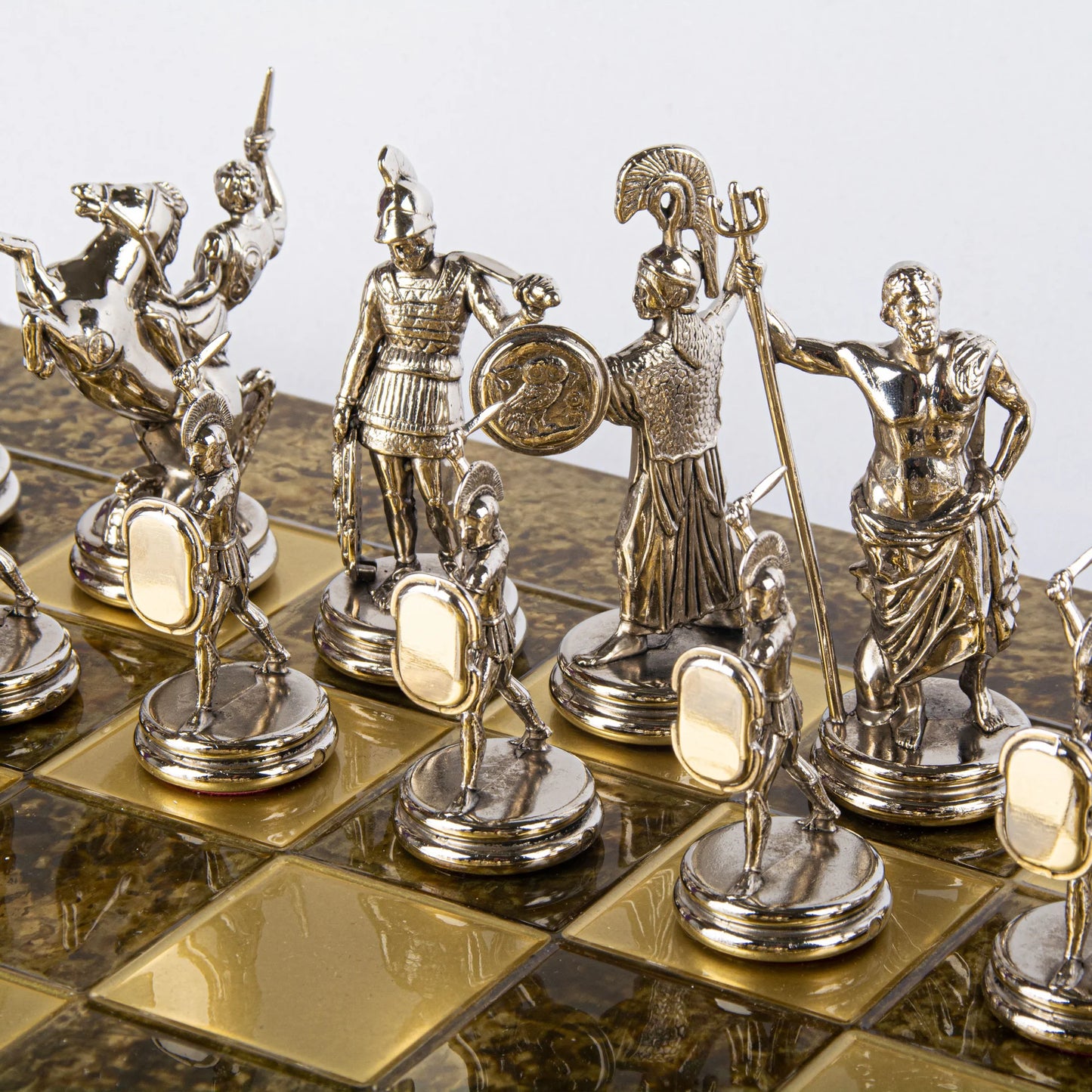Greek Mythology Metal Chess With Gold Brown Base with chess wooden box