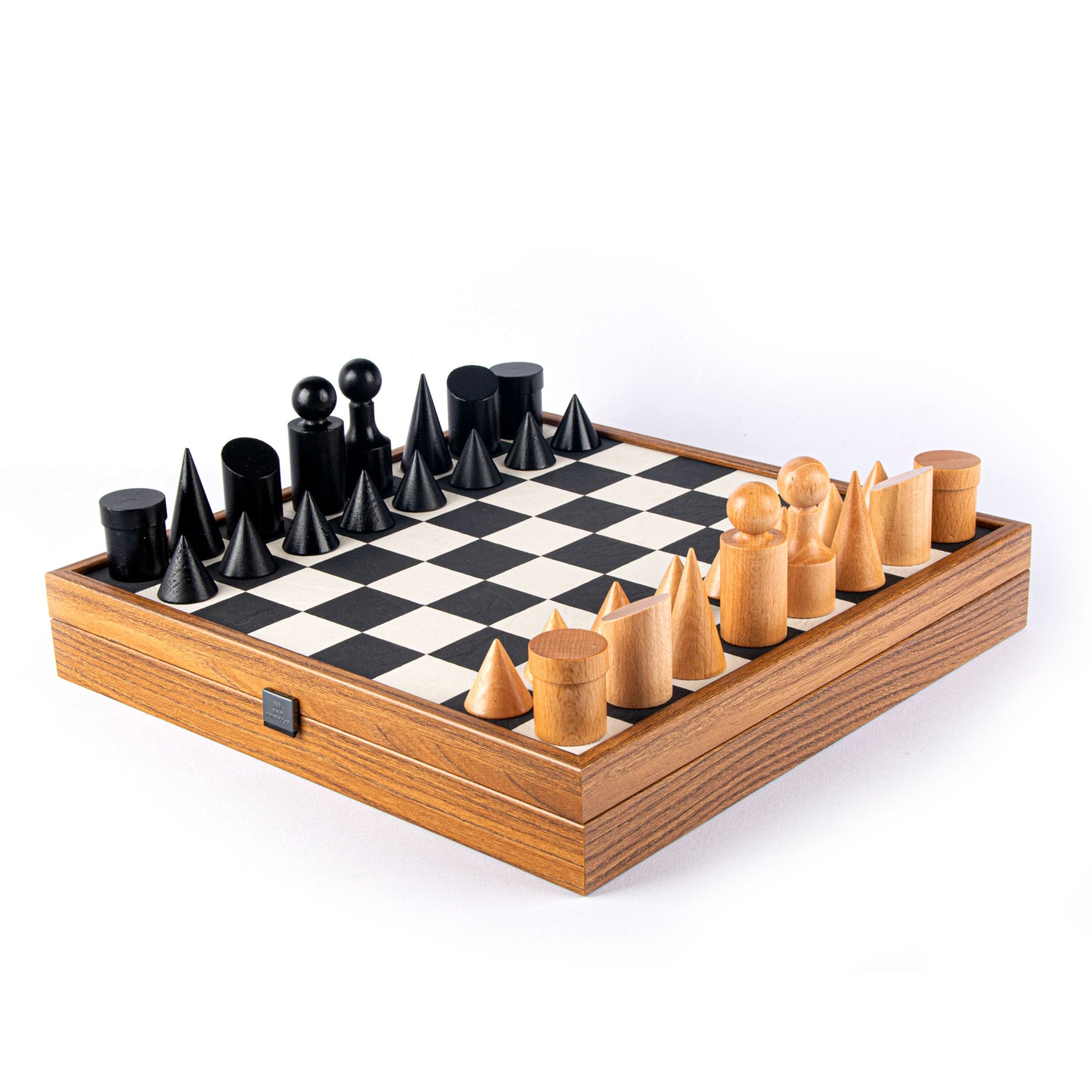 Black & White Leatherette Inlaid Chessboard With Bauhaus Style Wooden Chessmen