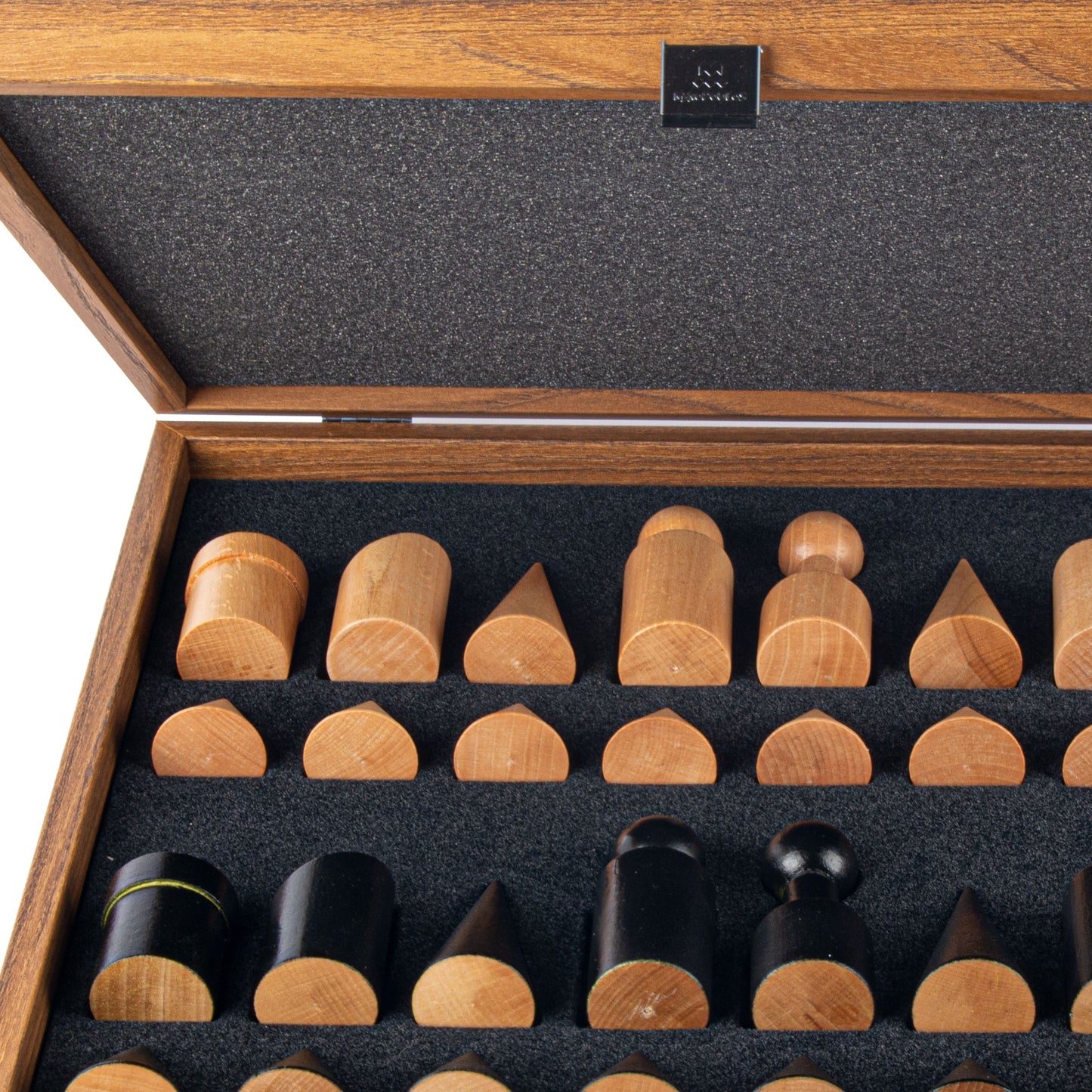 Black & White Leatherette Inlaid Chessboard With Bauhaus Style Wooden Chessmen