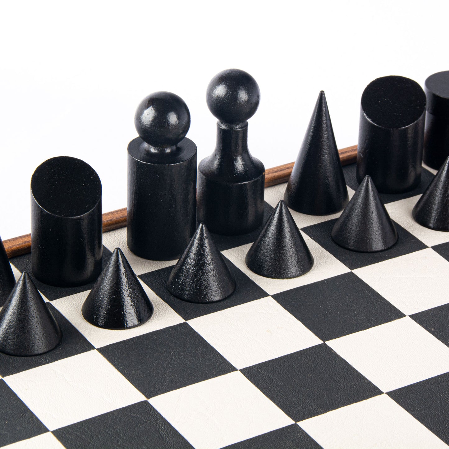 Black & White Leatherette Inlaid Chessboard With Bauhaus Style Wooden Chessmen