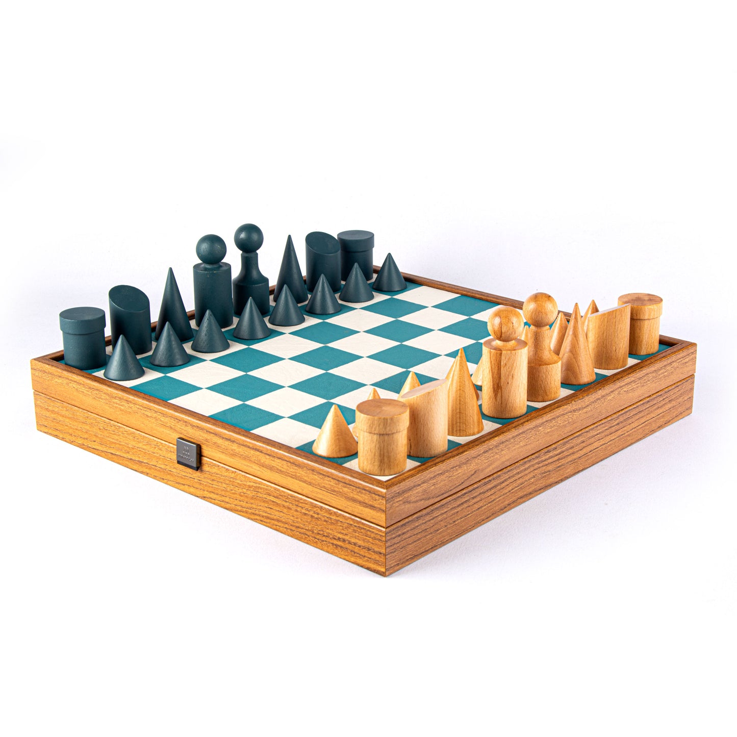 Black & White Leatherette Inlaid Chessboard With Bauhaus Style Wooden Chessmen
