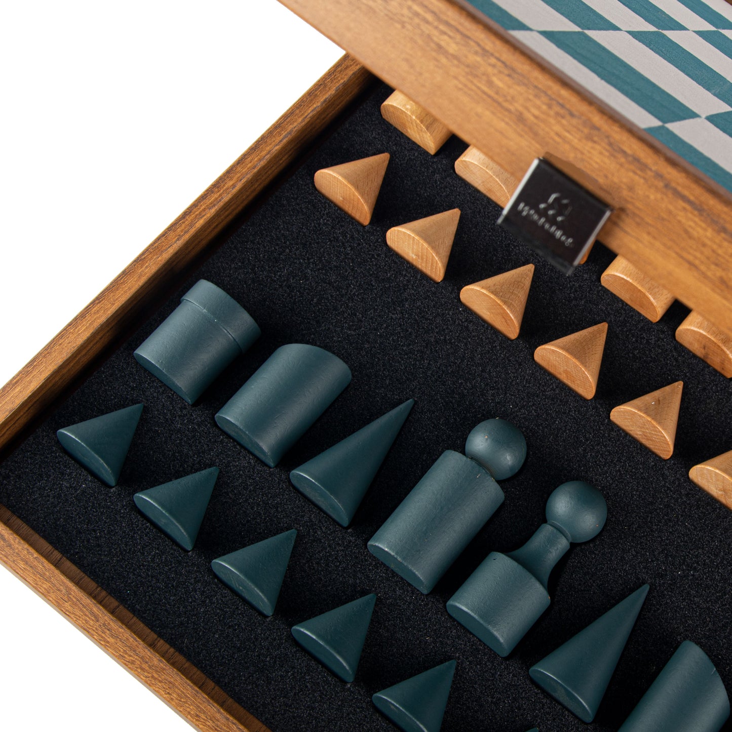 Black & White Leatherette Inlaid Chessboard With Bauhaus Style Wooden Chessmen