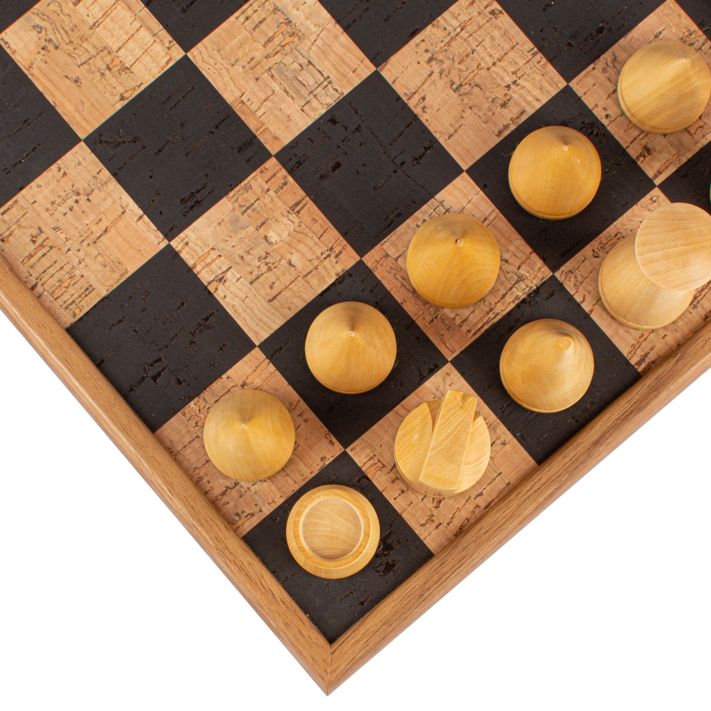Black Natural Cork Chessboard Inlaid on Wooden Box With Natural & Ebonised Chessmen