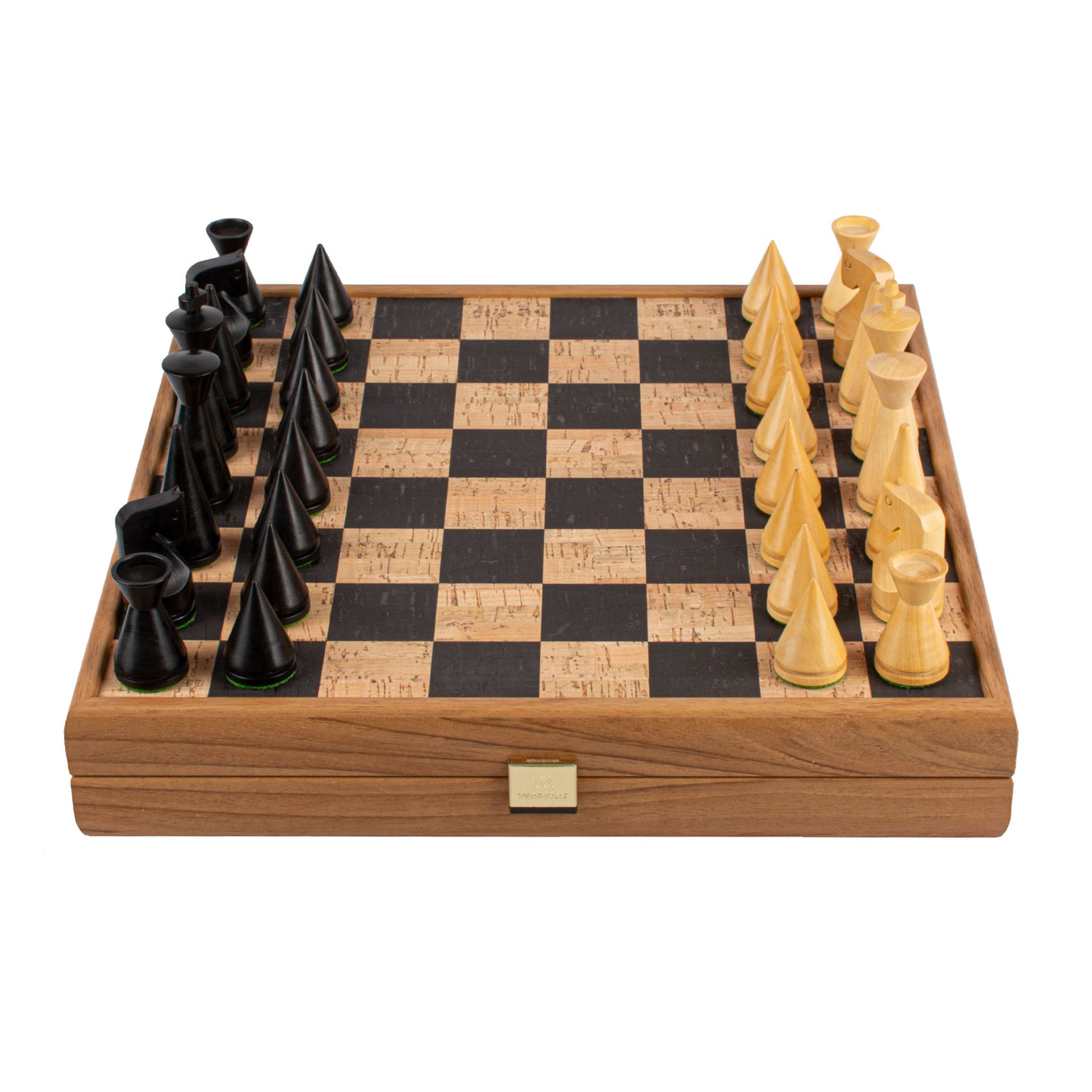 Black Natural Cork Chessboard Inlaid on Wooden Box With Natural & Ebonised Chessmen