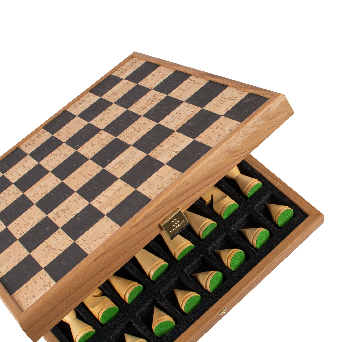 Black Natural Cork Chessboard Inlaid on Wooden Box With Natural & Ebonised Chessmen