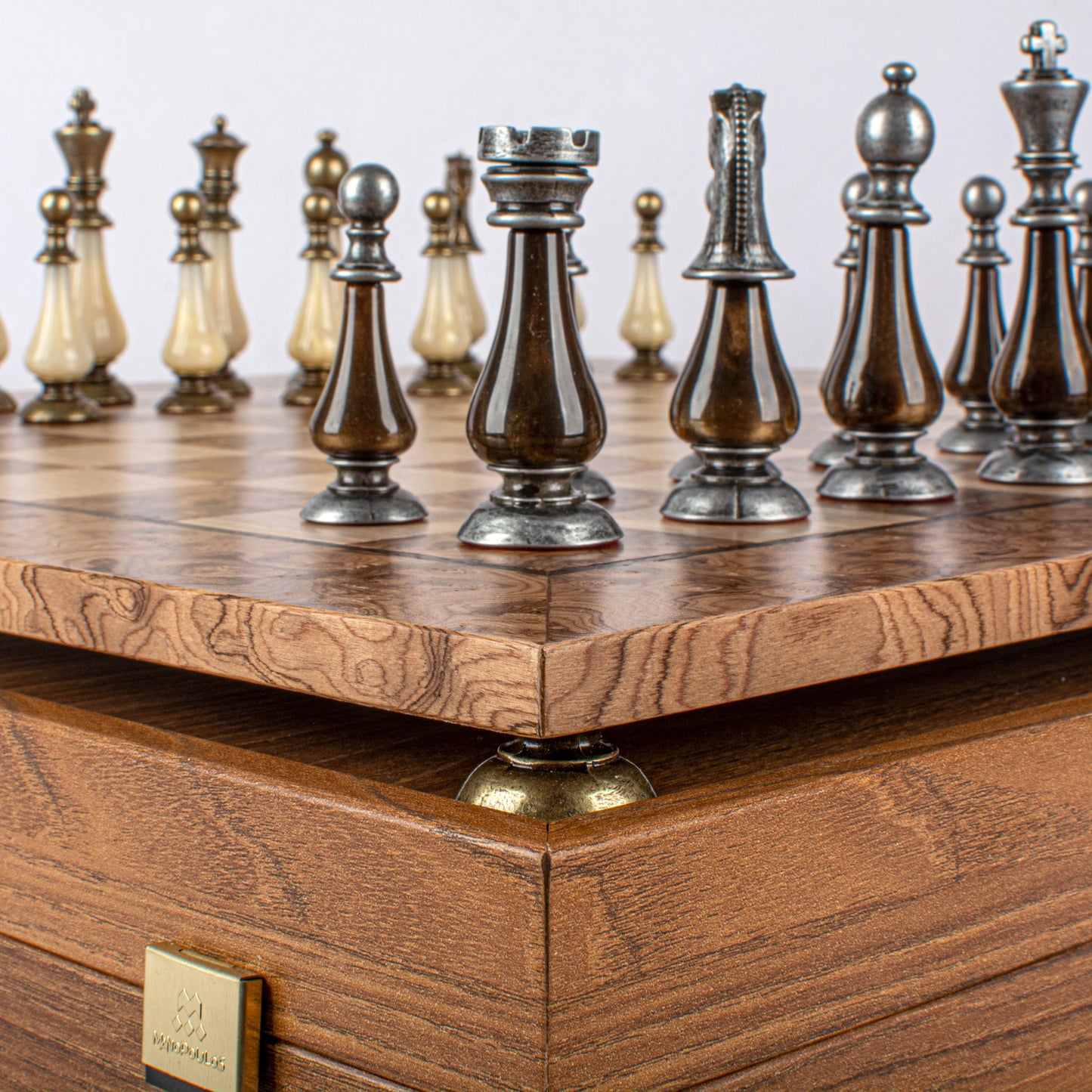 Pearl & Metal Chess Set With Walnut Burl Oak Chessboard