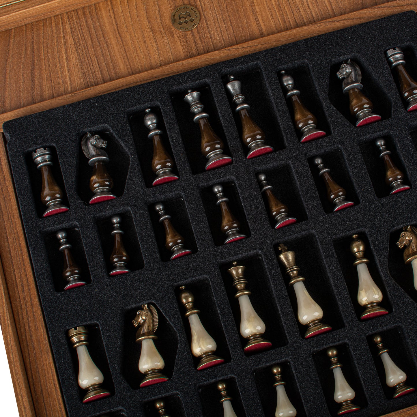 Pearl & Metal Chess Set With Walnut Burl Oak Chessboard