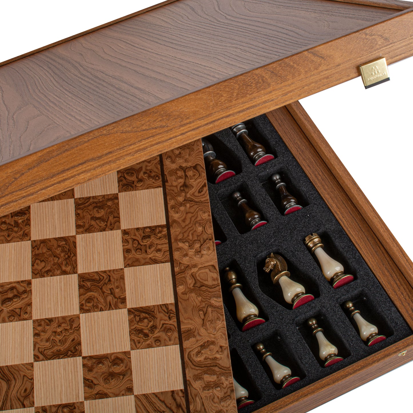 Pearl & Metal Chess Set With Walnut Burl Oak Chessboard