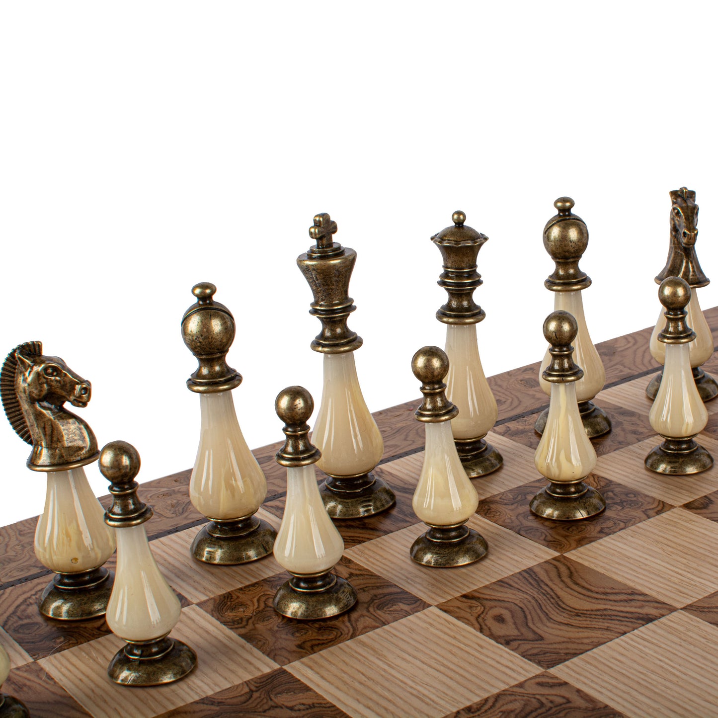 Pearl & Metal Chess Set With Walnut Burl Oak Chessboard
