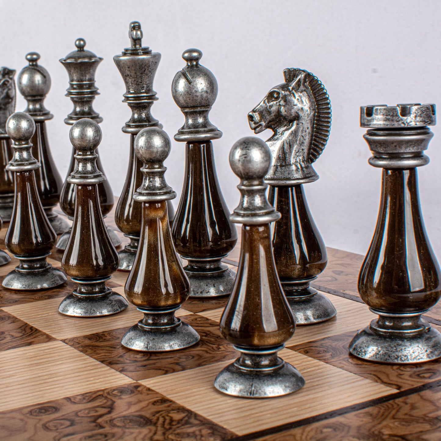 Pearl & Metal Chess Set With Walnut Burl Oak Chessboard