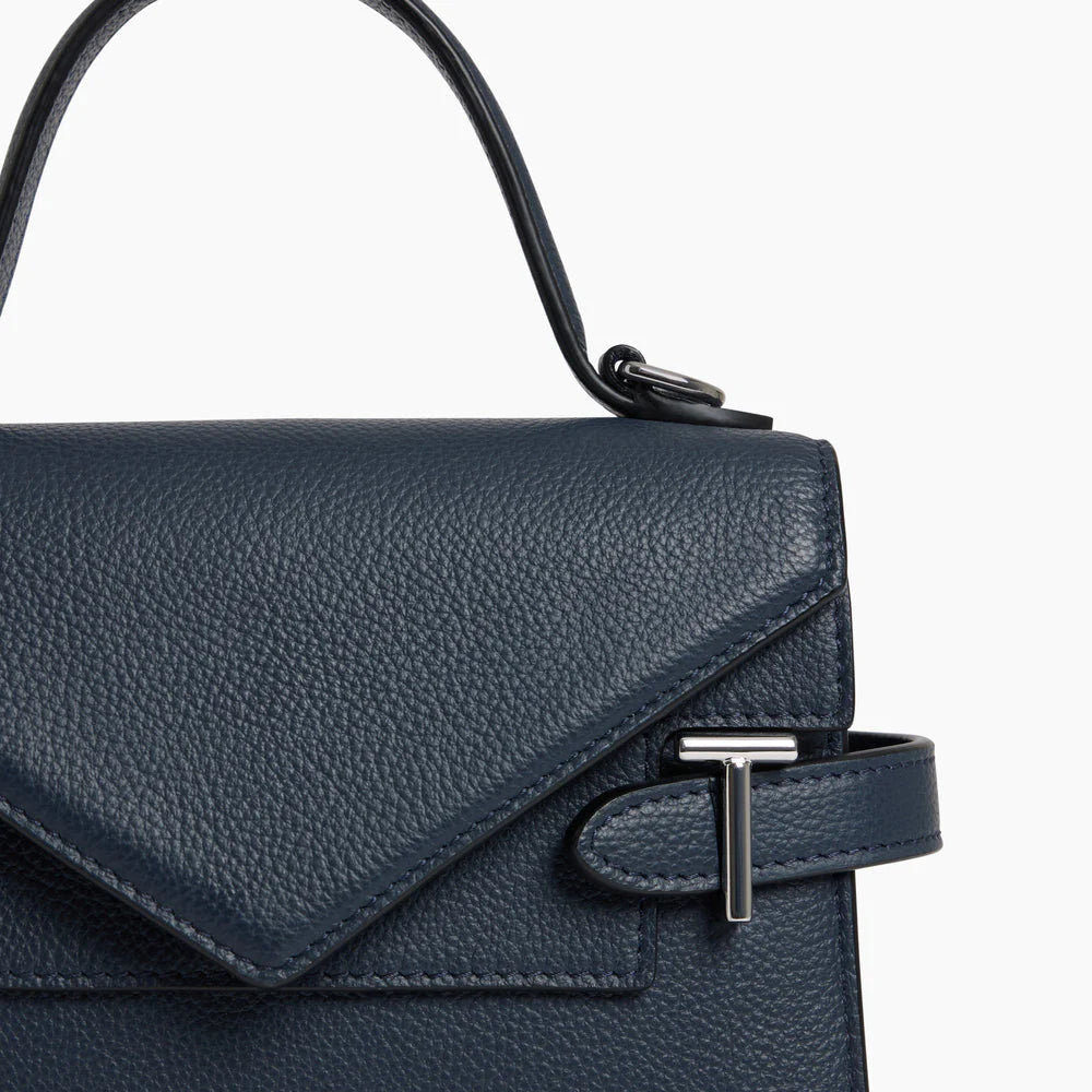 Emilie Small Handbag With Double Flap In Grained Dark Blue Leather