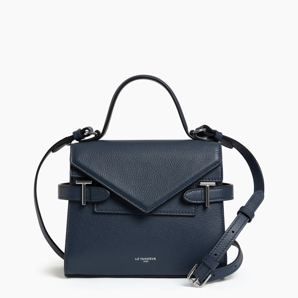 Emilie Small Handbag With Double Flap In Grained Dark Blue Leather