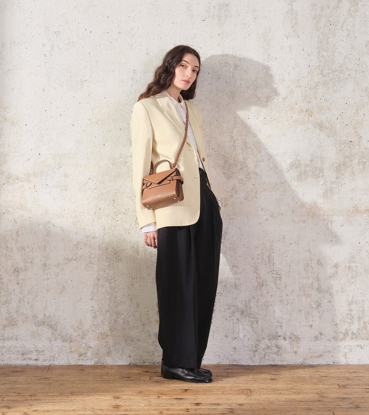 Small Double Flap Handbag In Grained Gold Leather