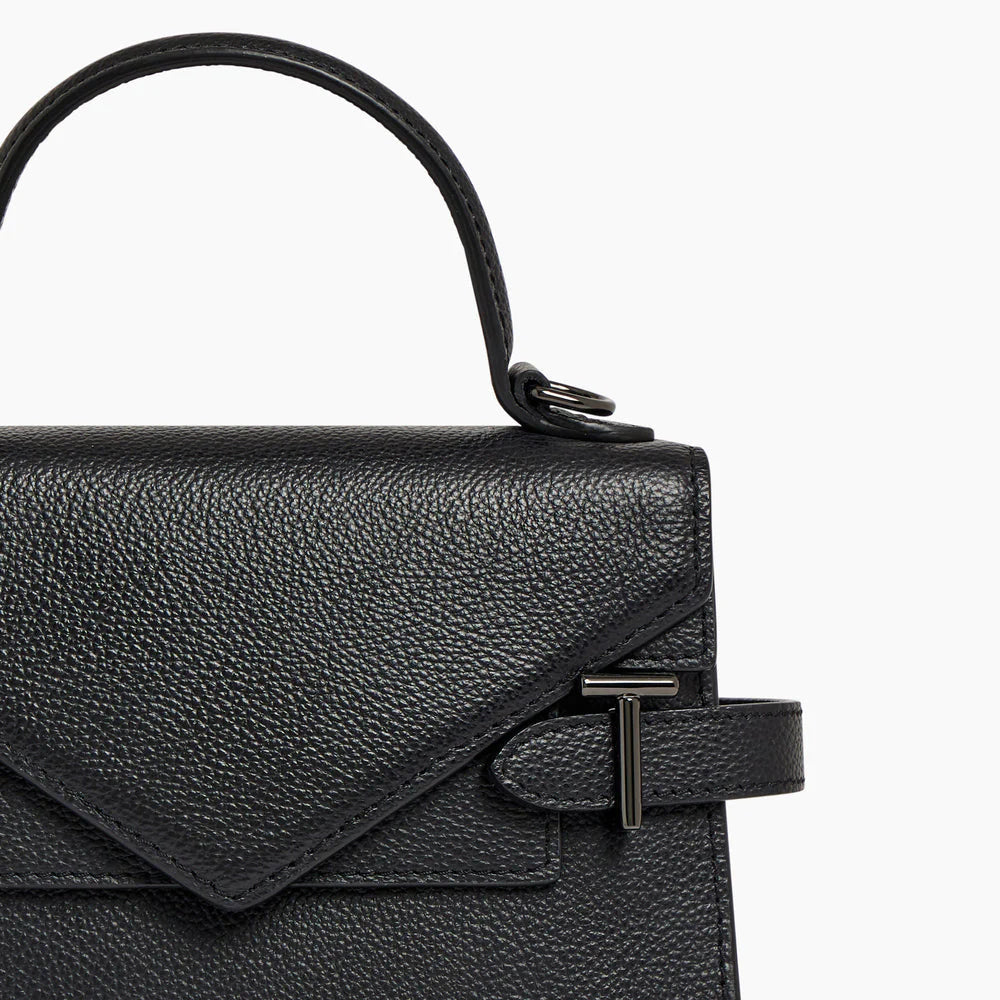 Emilie Small Handbag With Double Flap In Grained Black Leather