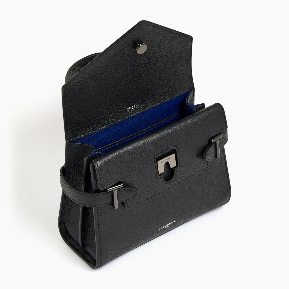 Emilie Small Handbag With Double Flap In Grained Black Leather