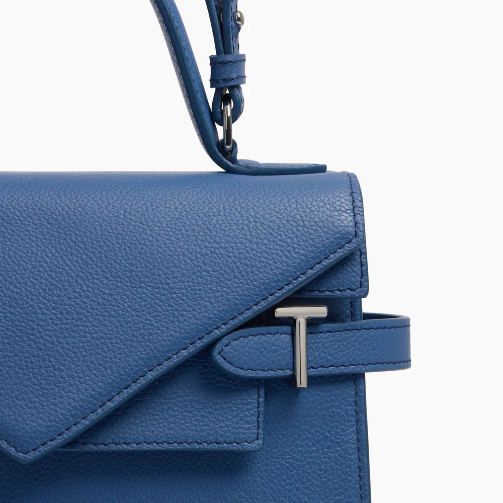 Emilie Medium Handbag With Double Flap In Grained Horizon Blue Leather