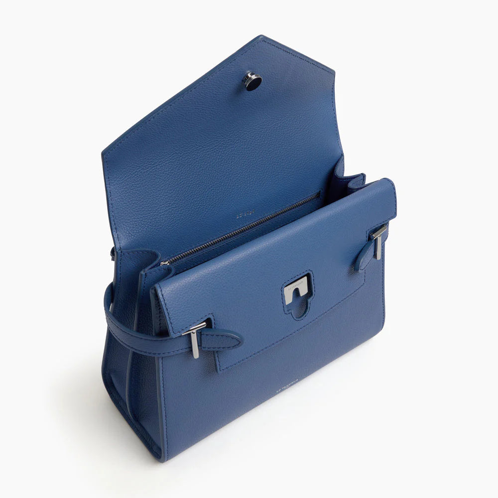 Emilie Medium Handbag With Double Flap In Grained Horizon Blue Leather