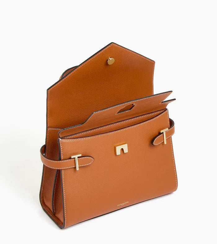 Medium Double Flap Handbag In Grained Gold Leather
