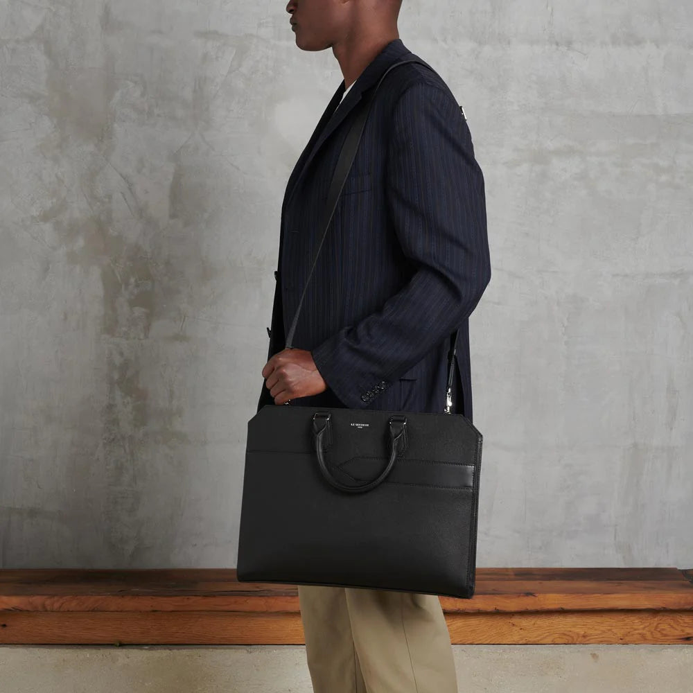 Gaston 15" Cross Grain Leather Briefcase - Black