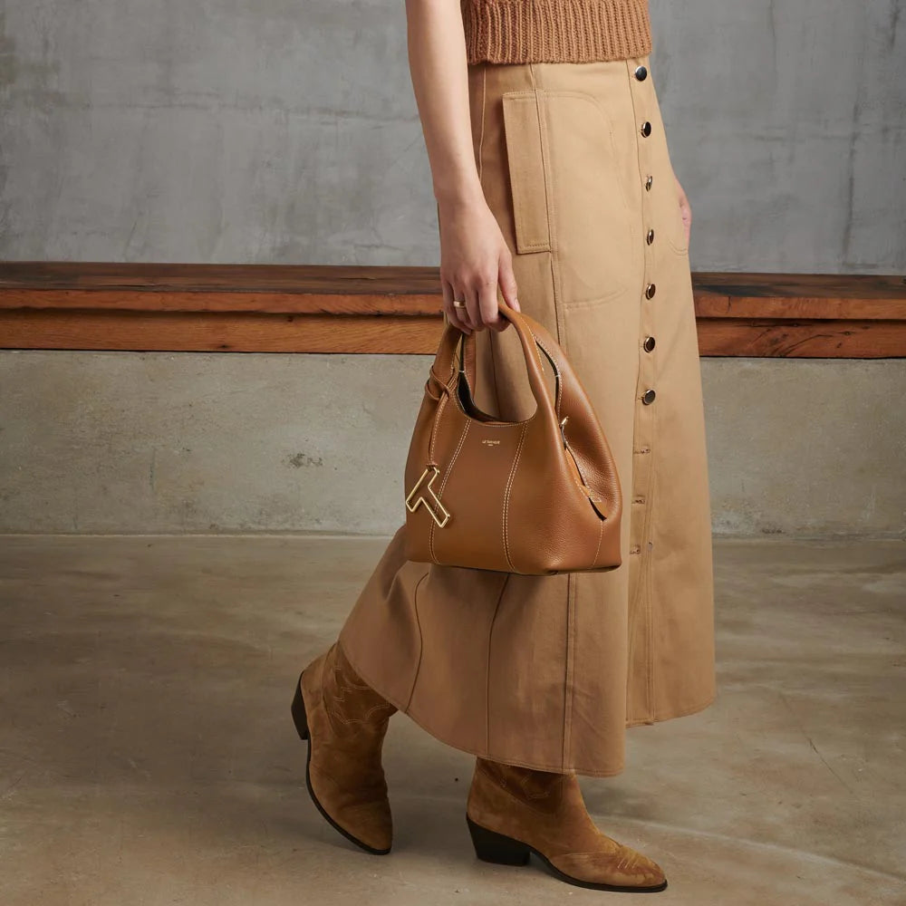 Juliet Small Handbag Brown Grained Leather With Uncut Lines