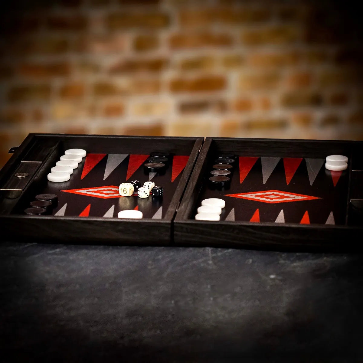 Handmade Black Oak With Silver Stripes Inlaid Backgammon With Red Burl & Grey Points