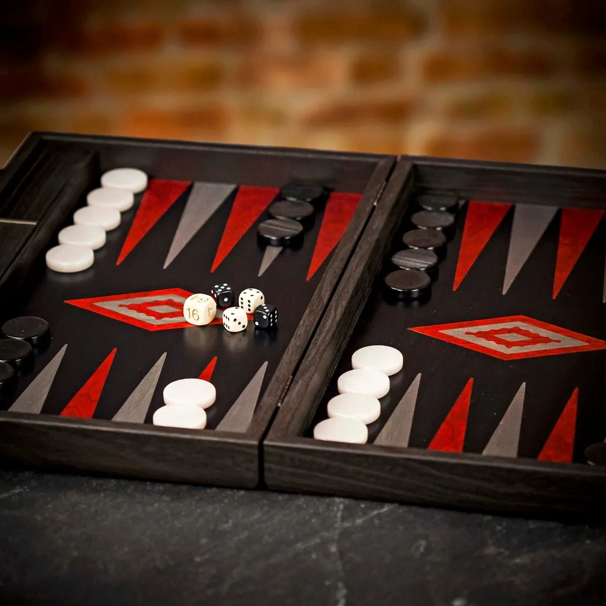 Handmade Black Oak With Silver Stripes Inlaid Backgammon With Red Burl & Grey Points
