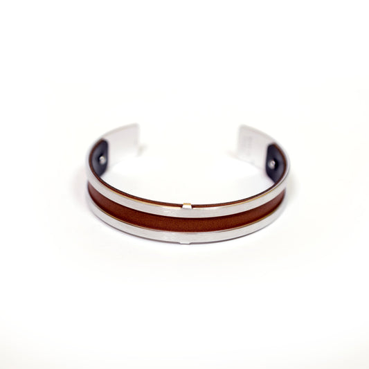 Men Bracelet Double Silver Mat Leather Tobacco Brown