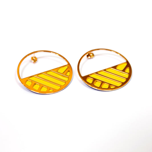 Ruban Large Rose Gold Finish Leather Orange Canary Yellow Earrings