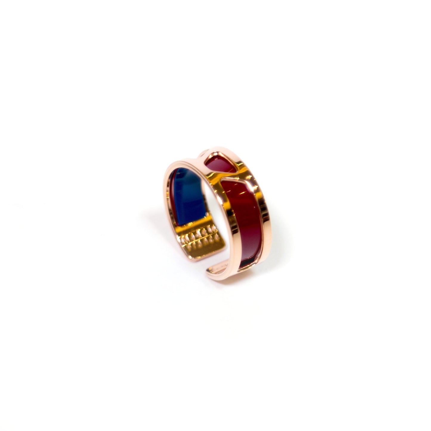 Ibiza Small Size Rose Gold Leather Denim Blue Burgundy Ring