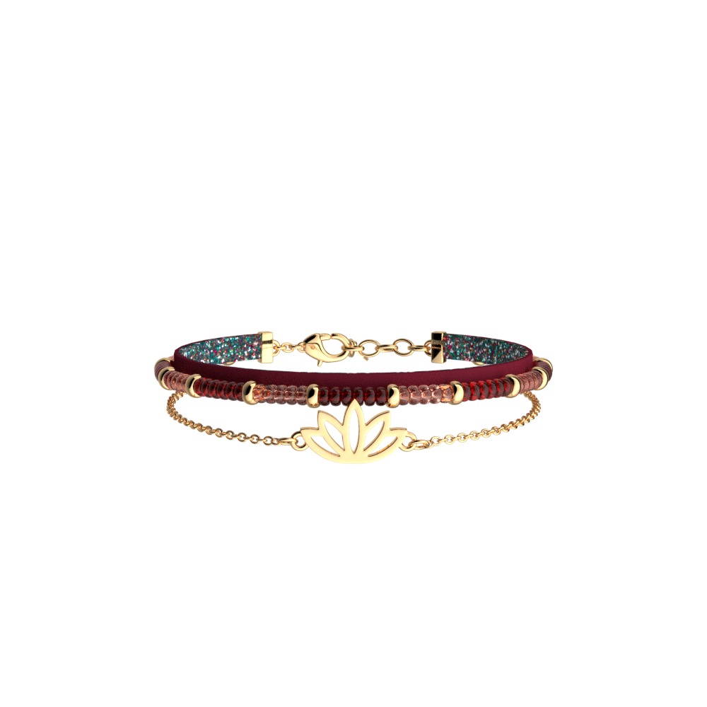 Bracelet Three Ranges Gold Leather Red