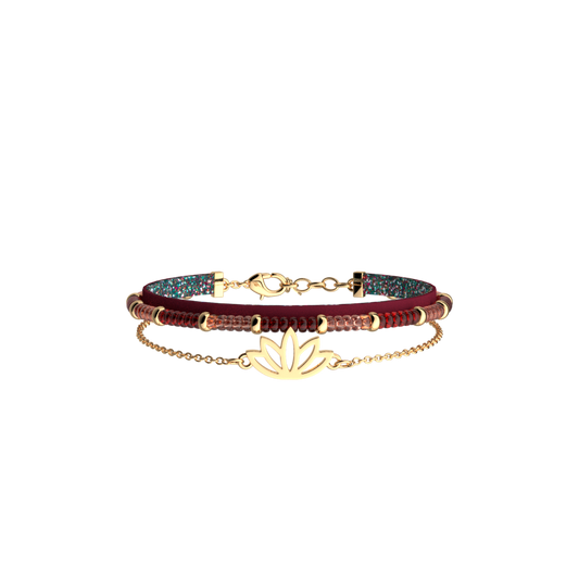 Bracelet Three Ranges Gold Leather Red