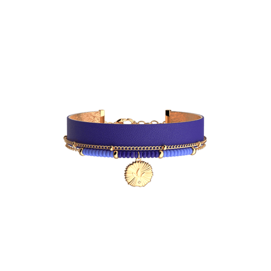 Bracelet Three Ranges Gold Leather Nude Blue