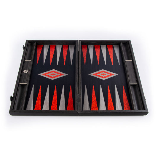 Handmade Black Oak With Silver Stripes Inlaid Backgammon With Red Burl & Grey Points