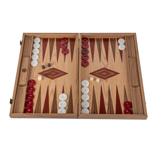 Handmade Oak & American Walnut Inlaid Backgammon With Red & Walnut Points
