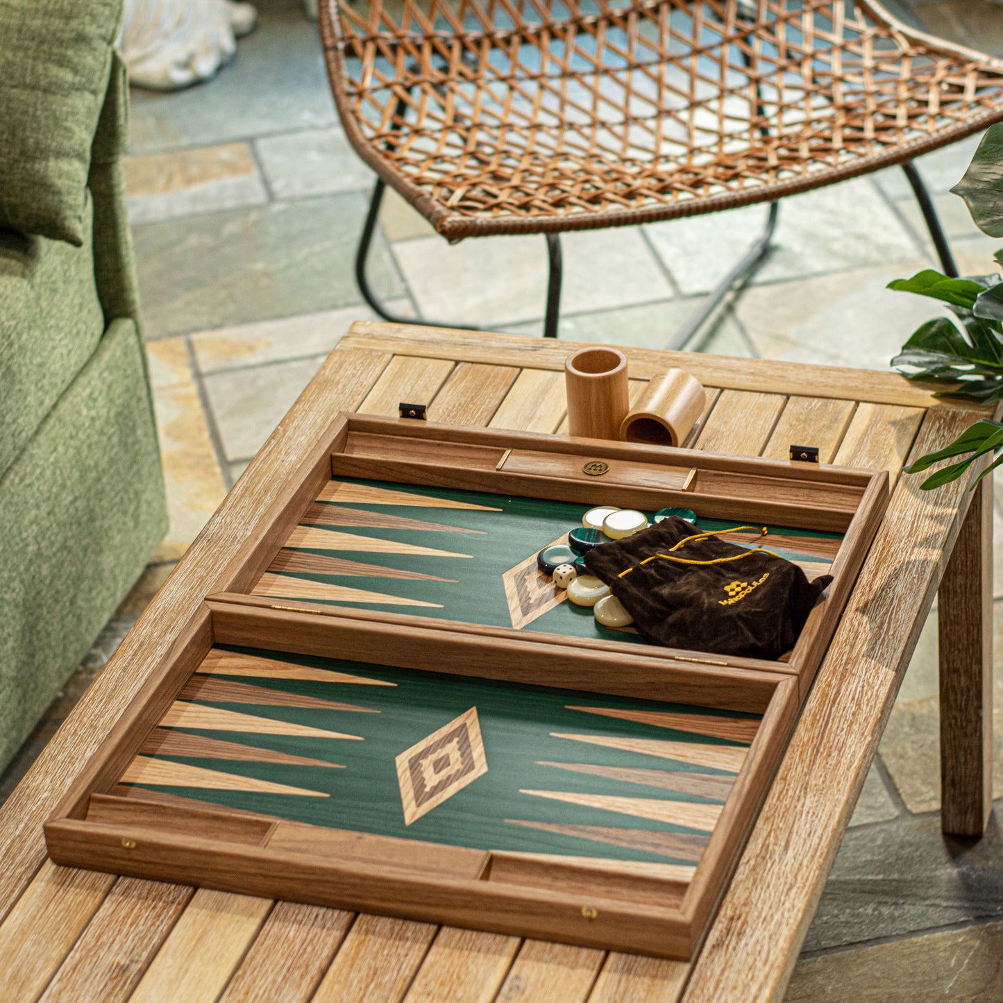 Handmade American Green Walnut Inlaid Backgammon With Walnut Oak Points