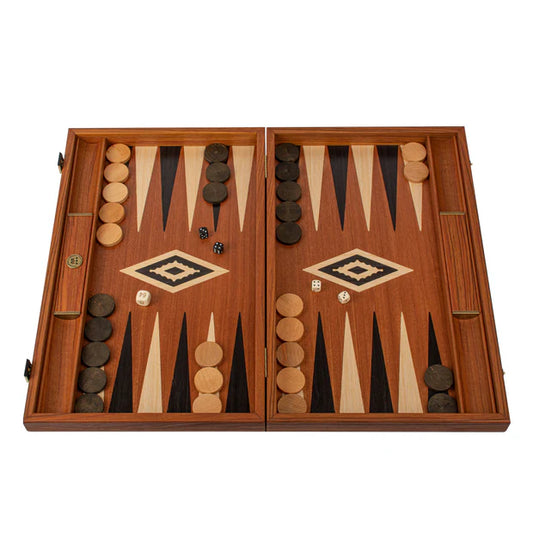 Handcrafted Mahogany Backgammon Set with Side Racks - Elegant Marquetry Design