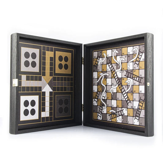 Modern Style 4-in-1 Combo Game Set: Chess, Backgammon, Ludo & Snakes