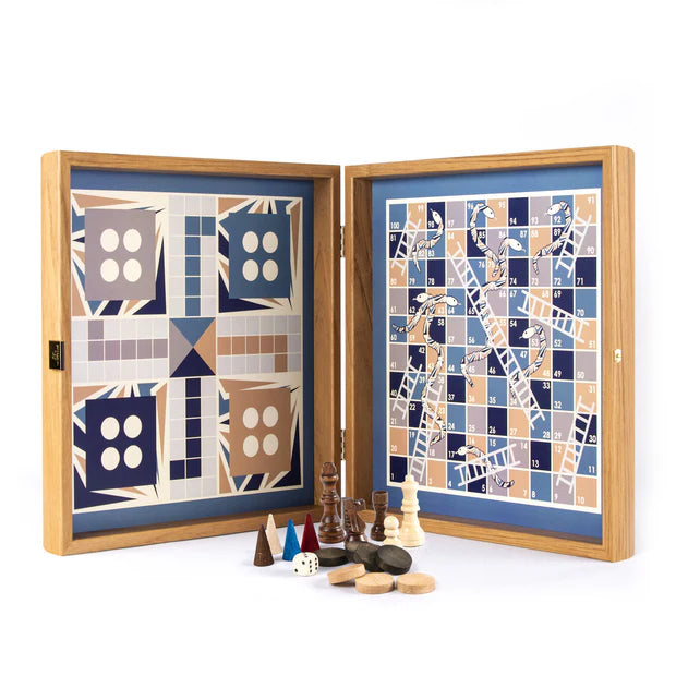 Navy Blue 4-in-1 Combo Game Set: Chess, Backgammon, Ludo & Snakes