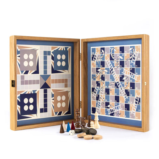 Navy Blue 4-in-1 Combo Game Set: Chess, Backgammon, Ludo & Snakes
