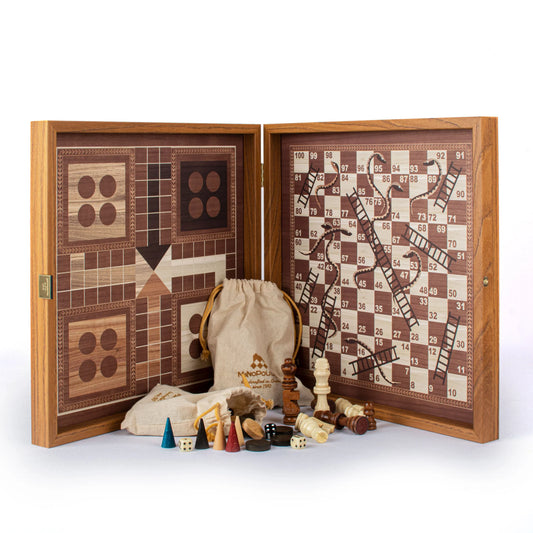Classic Style 4-in-1 Combo Game Set: Chess, Backgammon, Ludo & Snakes